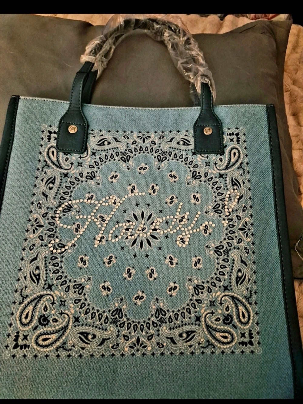 Montana West Light Blue Embellished Tote with Howdy Bandana Motif